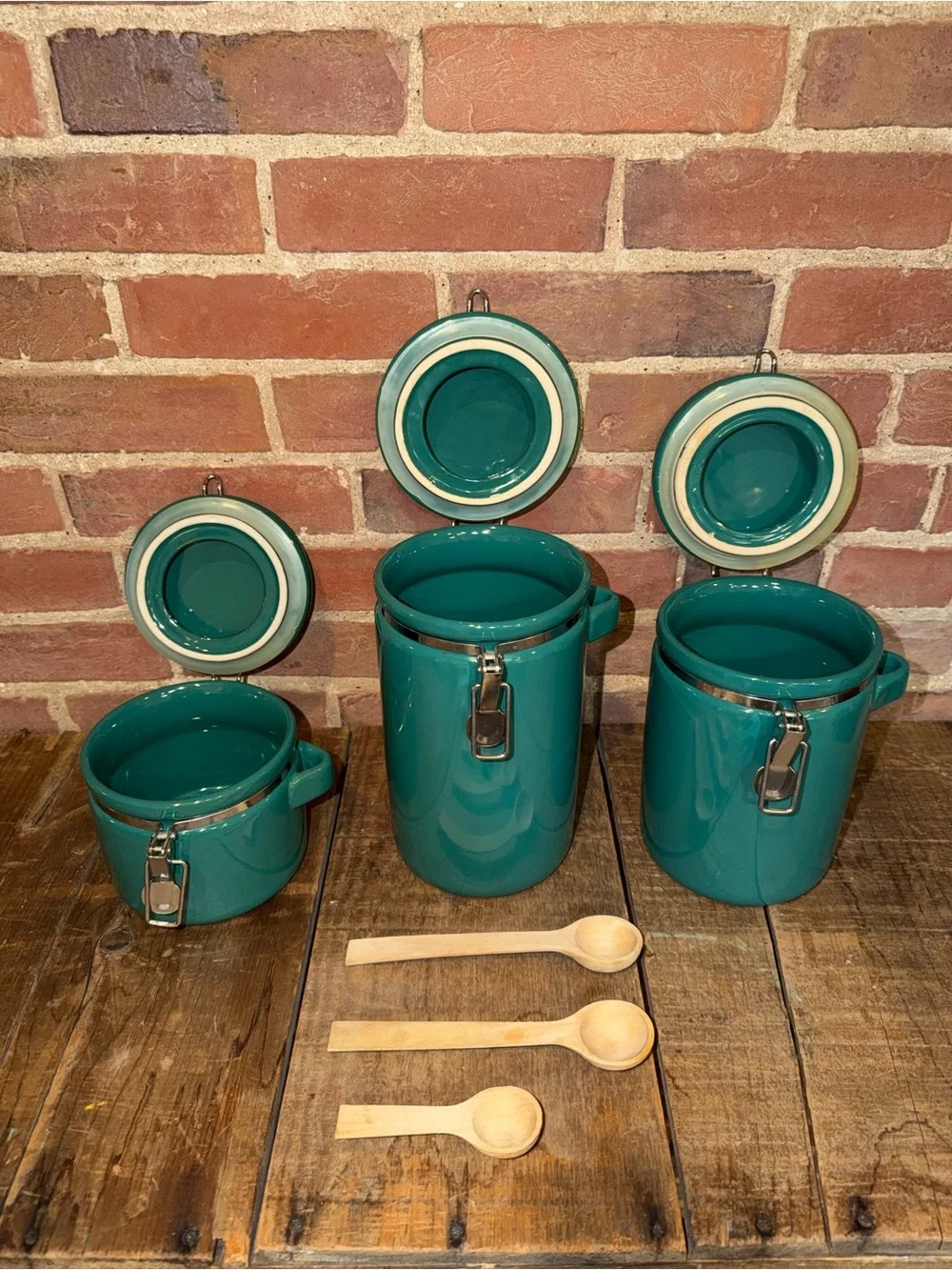 Teal Green Ceramic Airtight Canister Set with Wooden Spoons Cookware